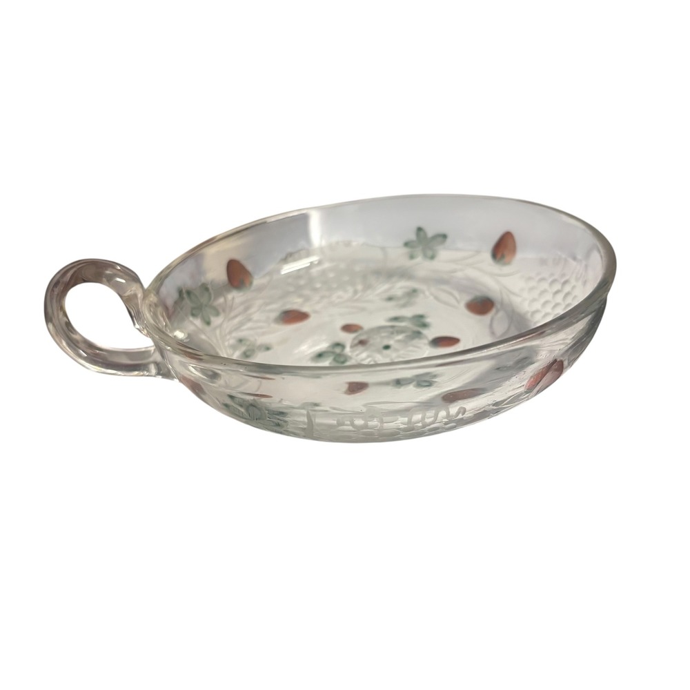 Vintage Hand Painted Etched Strawberry Glass Nappy Dish Round Bowl Handle 6.5"